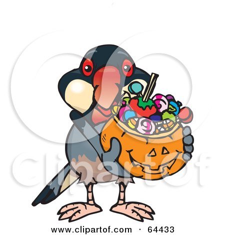 Royalty-Free (RF) Clipart Illustration of a Trick Or Treating Java Finch Holding A Pumpkin Basket Full Of Halloween Candy by Dennis Holmes Designs