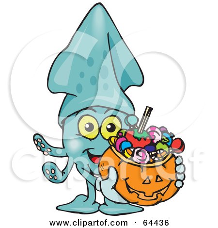 Royalty-Free (RF) Clipart Illustration of a Trick Or Treating Squid Holding A Pumpkin Basket Full Of Halloween Candy by Dennis Holmes Designs