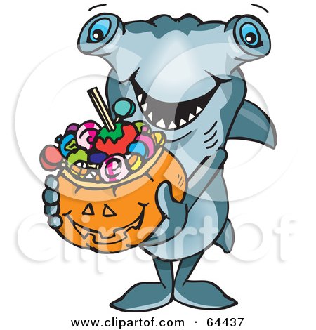 Royalty-Free (RF) Clipart Illustration of a Trick Or Treating Hammerhead Shark Holding A Pumpkin Basket Full Of Halloween Candy by Dennis Holmes Designs