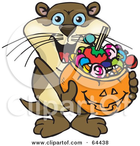 Royalty-Free (RF) Clipart Illustration of a Trick Or Treating Otter Holding A Pumpkin Basket Full Of Halloween Candy by Dennis Holmes Designs