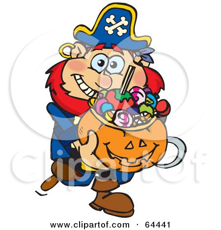 Royalty-Free (RF) Clipart Illustration of a Trick Or Treating Pirate Holding A Pumpkin Basket Full Of Halloween Candy by Dennis Holmes Designs