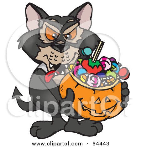 Royalty-Free (RF) Clipart Illustration of a Trick Or Treating Tasmanian Devil Holding A Pumpkin Basket Full Of Halloween Candy by Dennis Holmes Designs