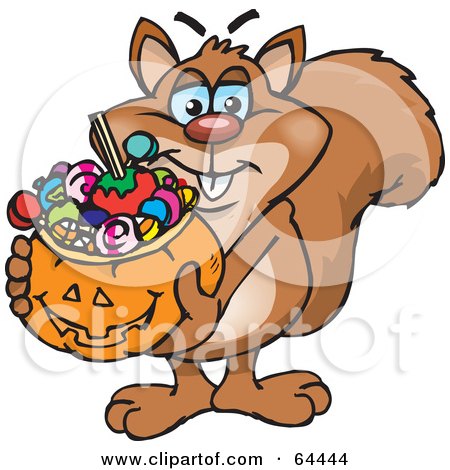 Royalty-Free (RF) Clipart Illustration of a Trick Or Treating Squirrel Holding A Pumpkin Basket Full Of Halloween Candy by Dennis Holmes Designs