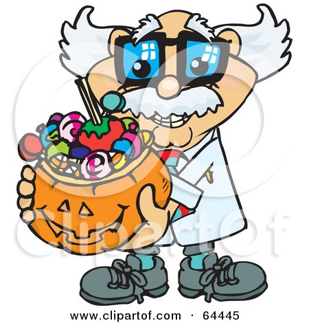 Royalty-Free (RF) Clipart Illustration of a Trick Or Treating Professor Holding A Pumpkin Basket Full Of Halloween Candy by Dennis Holmes Designs