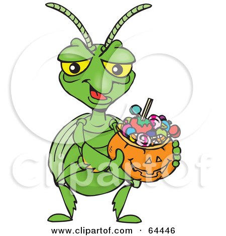 Royalty-Free (RF) Clipart Illustration of a Trick Or Treating Praying Mantis Holding A Pumpkin Basket Full Of Halloween Candy by Dennis Holmes Designs