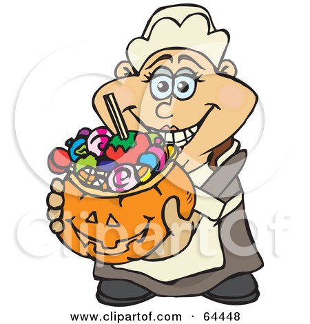Royalty-Free (RF) Clipart Illustration of a Trick Or Treating Female Pilgrim Holding A Pumpkin Basket Full Of Halloween Candy by Dennis Holmes Designs