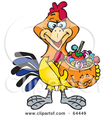 Royalty-Free (RF) Clipart Illustration of a Trick Or Treating Rooster Holding A Pumpkin Basket Full Of Halloween Candy by Dennis Holmes Designs