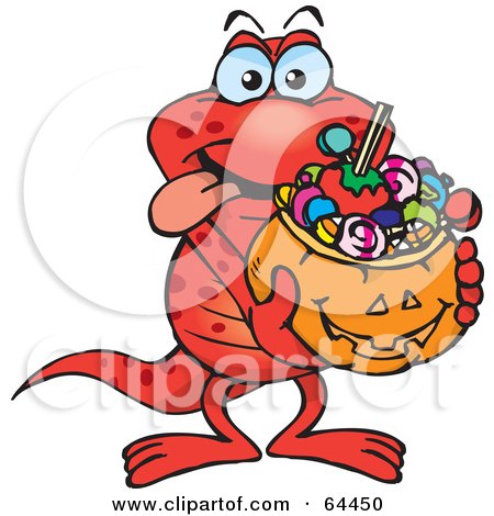 Royalty-Free (RF) Clipart Illustration of a Trick Or Treating Salamander Holding A Pumpkin Basket Full Of Halloween Candy by Dennis Holmes Designs
