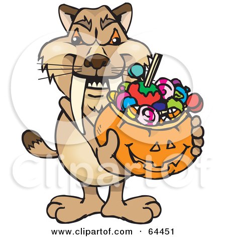 Royalty-Free (RF) Clipart Illustration of a Trick Or Treating Sabertooth Tiger Holding A Pumpkin Basket Full Of Halloween Candy by Dennis Holmes Designs