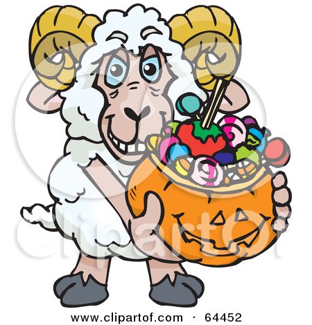 Royalty-Free (RF) Clipart Illustration of a Trick Or Treating Ram Holding A Pumpkin Basket Full Of Halloween Candy by Dennis Holmes Designs