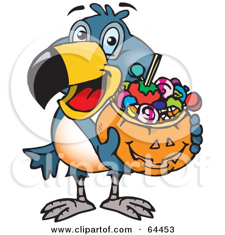 Royalty-Free (RF) Clipart Illustration of a Trick Or Treating Toucan Holding A Pumpkin Basket Full Of Halloween Candy by Dennis Holmes Designs