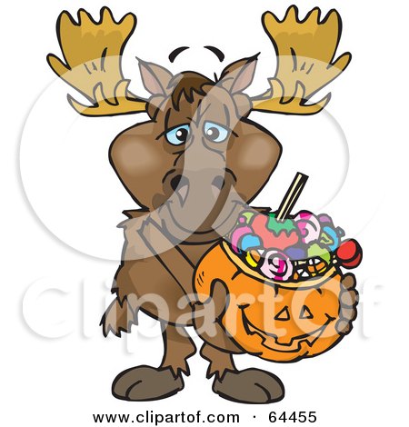 Royalty-Free (RF) Clipart Illustration of a Trick Or Treating Moose Holding A Pumpkin Basket Full Of Halloween Candy by Dennis Holmes Designs