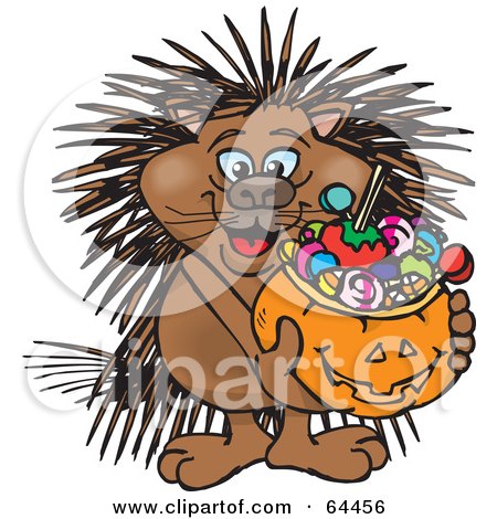 Royalty-Free (RF) Clipart Illustration of a Trick Or Treating Porcupine Holding A Pumpkin Basket Full Of Halloween Candy by Dennis Holmes Designs