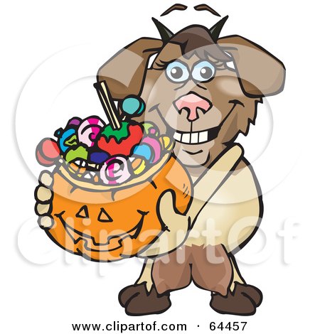 Royalty-Free (RF) Clipart Illustration of a Trick Or Treating Nanny Goat Holding A Pumpkin Basket Full Of Halloween Candy by Dennis Holmes Designs