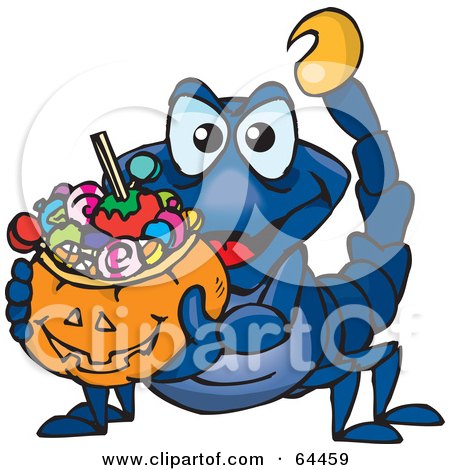 Royalty-Free (RF) Clipart Illustration of a Trick Or Treating Scorpion Holding A Pumpkin Basket Full Of Halloween Candy by Dennis Holmes Designs