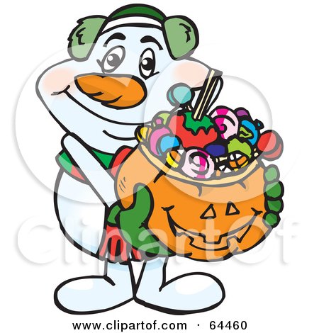 Royalty-Free (RF) Clipart Illustration of a Trick Or Treating Snowman Holding A Pumpkin Basket Full Of Halloween Candy by Dennis Holmes Designs