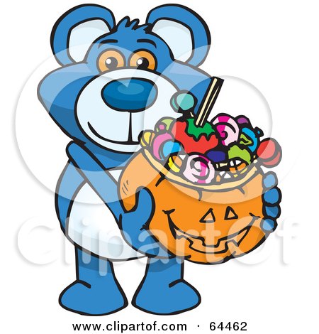 Royalty-Free (RF) Clipart Illustration of a Trick Or Treating Blue Teddy Bear Holding A Pumpkin Basket Full Of Halloween Candy by Dennis Holmes Designs