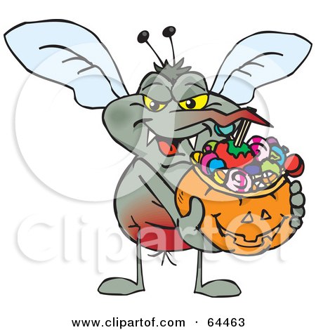 Royalty-Free (RF) Clipart Illustration of a Trick Or Treating Mosquito Holding A Pumpkin Basket Full Of Halloween Candy by Dennis Holmes Designs