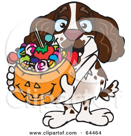 Royalty-Free (RF) Clipart Illustration of a Trick Or Treating Spaniel Holding A Pumpkin Basket Full Of Halloween Candy by Dennis Holmes Designs