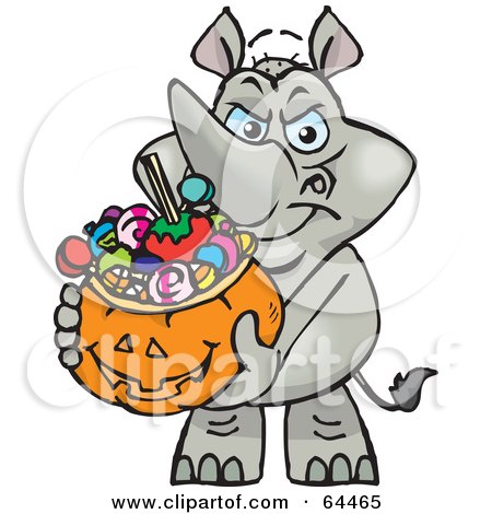 Royalty-Free (RF) Clipart Illustration of a Trick Or Treating Rhino Holding A Pumpkin Basket Full Of Halloween Candy by Dennis Holmes Designs