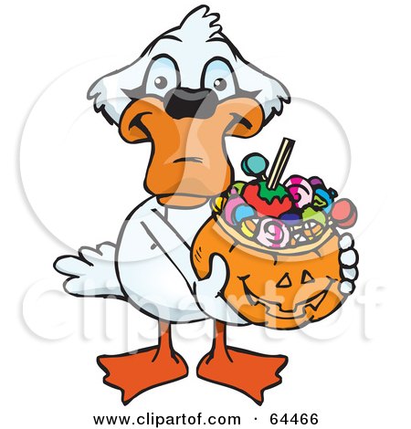 Royalty-Free (RF) Clipart Illustration of a Trick Or Treating Mute Swan Holding A Pumpkin Basket Full Of Halloween Candy by Dennis Holmes Designs