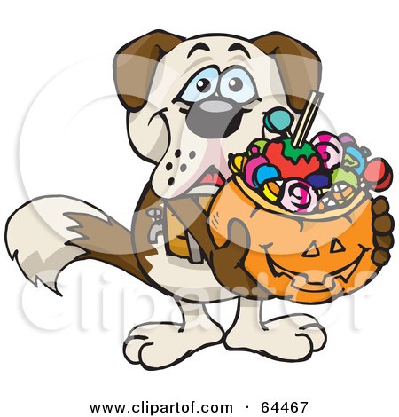 Royalty-Free (RF) Clipart Illustration of a Trick Or Treating St Bernard Holding A Pumpkin Basket Full Of Halloween Candy by Dennis Holmes Designs