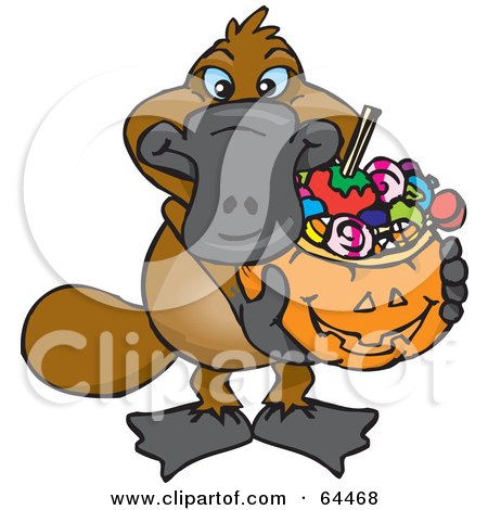 Royalty-Free (RF) Clipart Illustration of a Trick Or Treating Platypus Holding A Pumpkin Basket Full Of Halloween Candy by Dennis Holmes Designs