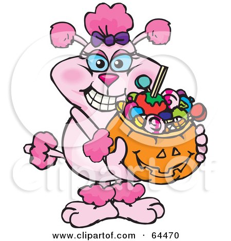 Royalty-Free (RF) Clipart Illustration of a Trick Or Treating Pink Poodle Holding A Pumpkin Basket Full Of Halloween Candy by Dennis Holmes Designs