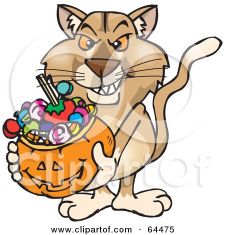 Royalty-Free (RF) Clipart Illustration of a Trick Or Treating Puma Holding A Pumpkin Basket Full Of Halloween Candy by Dennis Holmes Designs