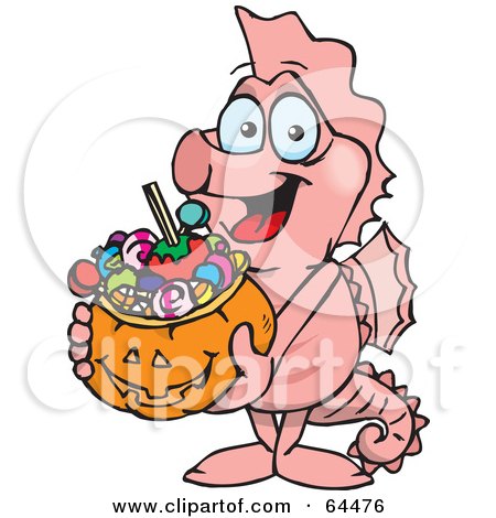 Royalty-Free (RF) Clipart Illustration of a Trick Or Treating Seahorse Holding A Pumpkin Basket Full Of Halloween Candy by Dennis Holmes Designs