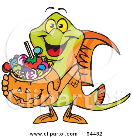 Royalty-Free (RF) Clipart Illustration of a Trick Or Treating Swordtail Holding A Pumpkin Basket Full Of Halloween Candy by Dennis Holmes Designs
