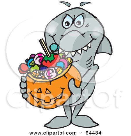 Royalty-Free (RF) Clipart Illustration of a Trick Or Treating Shark Holding A Pumpkin Basket Full Of Halloween Candy by Dennis Holmes Designs