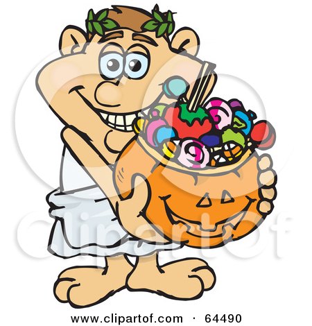 Royalty-Free (RF) Clipart Illustration of a Trick Or Treating Roman Man Holding A Pumpkin Basket Full Of Halloween Candy by Dennis Holmes Designs