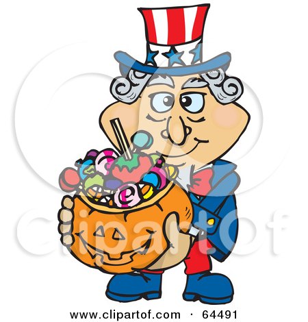 Royalty-Free (RF) Clipart Illustration of a Trick Or Treating Uncle Sam Holding A Pumpkin Basket Full Of Halloween Candy by Dennis Holmes Designs