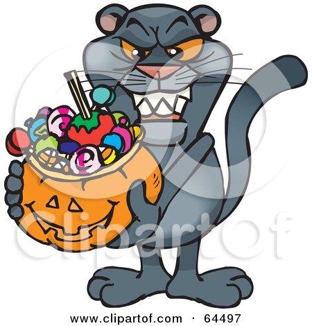 Royalty-Free (RF) Clipart Illustration of a Trick Or Treating Panther Holding A Pumpkin Basket Full Of Halloween Candy by Dennis Holmes Designs