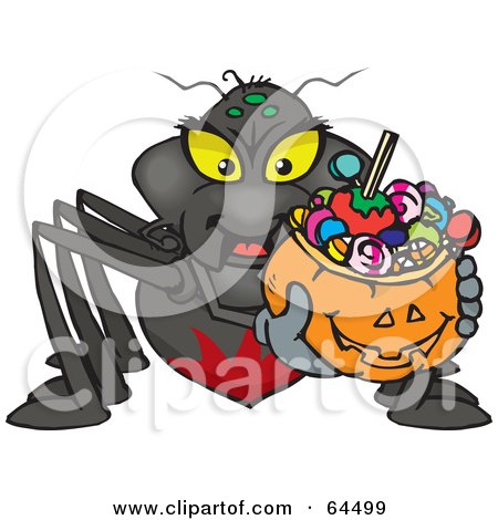Royalty-Free (RF) Clipart Illustration of a Trick Or Treating Black Widow Holding A Pumpkin Basket Full Of Halloween Candy by Dennis Holmes Designs
