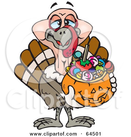 Royalty-Free (RF) Clipart Illustration of a Trick Or Treating Turkey Holding A Pumpkin Basket Full Of Halloween Candy by Dennis Holmes Designs