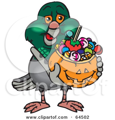 Royalty-Free (RF) Clipart Illustration of a Trick Or Treating Pigeon Holding A Pumpkin Basket Full Of Halloween Candy by Dennis Holmes Designs