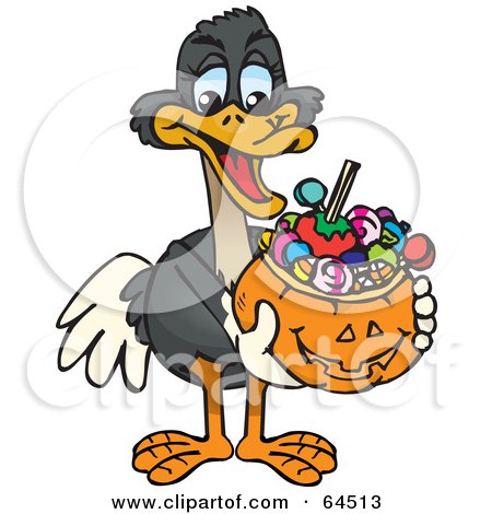 Royalty-Free (RF) Clipart Illustration of a Trick Or Treating Ostrich Holding A Pumpkin Basket Full Of Halloween Candy by Dennis Holmes Designs