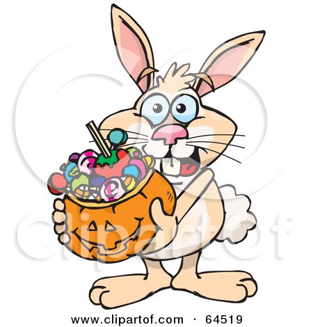 Royalty-Free (RF) Clipart Illustration of a Trick Or Treating Rabbit Holding A Pumpkin Basket Full Of Halloween Candy by Dennis Holmes Designs