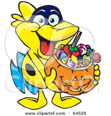 Royalty-Free (RF) Clipart Illustration of a Trick Or Treating Marine Fish Holding A Pumpkin Basket Full Of Halloween Candy by Dennis Holmes Designs