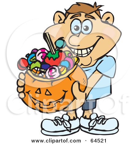 Royalty-Free (RF) Clipart Illustration of a Trick Or Treating Man Holding A Pumpkin Basket Full Of Halloween Candy - Version 5 by Dennis Holmes Designs
