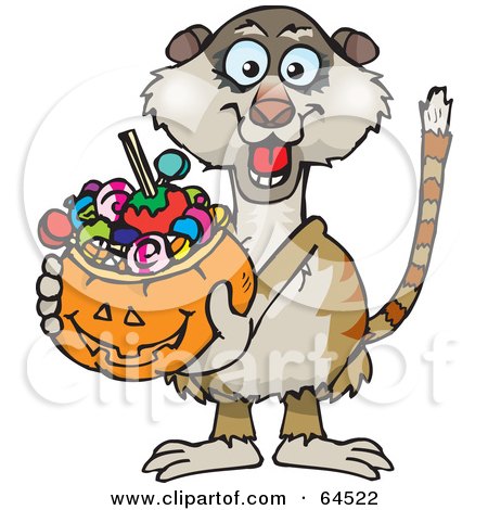 Royalty-Free (RF) Clipart Illustration of a Trick Or Treating Meerkat Holding A Pumpkin Basket Full Of Halloween Candy by Dennis Holmes Designs
