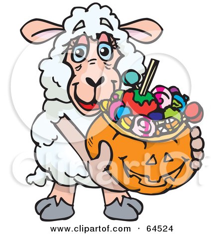 Royalty-Free (RF) Clipart Illustration of a Trick Or Treating Sheep Holding A Pumpkin Basket Full Of Halloween Candy by Dennis Holmes Designs