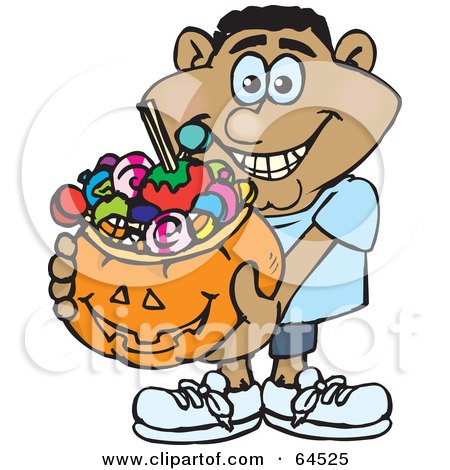 Royalty-Free (RF) Clipart Illustration of a Trick Or Treating Man Holding A Pumpkin Basket Full Of Halloween Candy - Version 7 by Dennis Holmes Designs