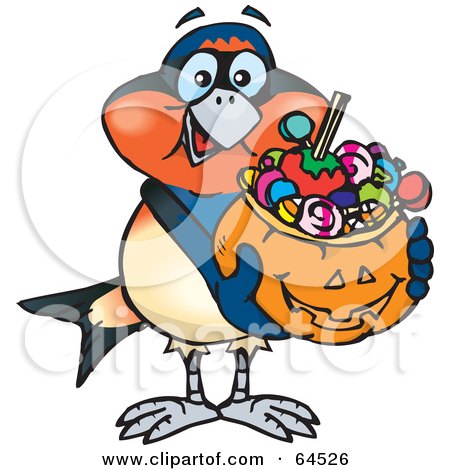 Royalty-Free (RF) Clipart Illustration of a Trick Or Treating Swallow Holding A Pumpkin Basket Full Of Halloween Candy by Dennis Holmes Designs