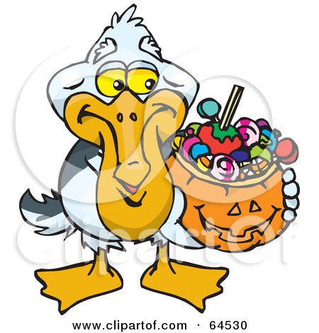 Royalty-Free (RF) Clipart Illustration of a Trick Or Treating Pelican Holding A Pumpkin Basket Full Of Halloween Candy by Dennis Holmes Designs