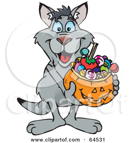 Royalty-Free (RF) Clipart Illustration of a Trick Or Treating Kangaroo Holding A Pumpkin Basket Full Of Halloween Candy by Dennis Holmes Designs