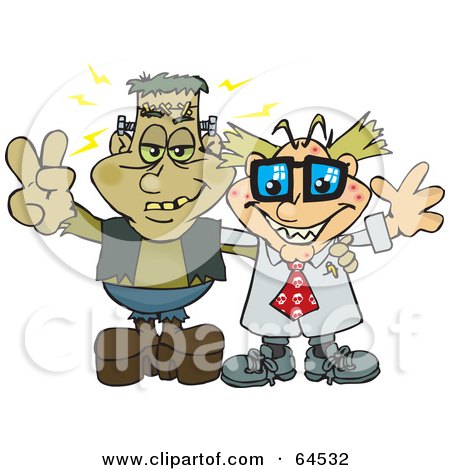 Royalty-Free (RF) Clipart Illustration of Frankenstein And A Mad Scientist Flashing Peace Signs by Dennis Holmes Designs