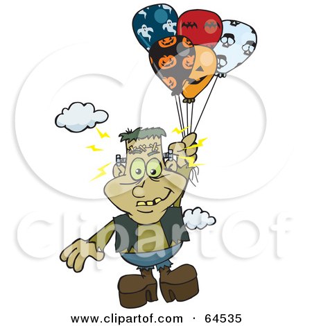 Royalty-Free (RF) Clipart Illustration of Frankenstein Floating Away With Balloons by Dennis Holmes Designs